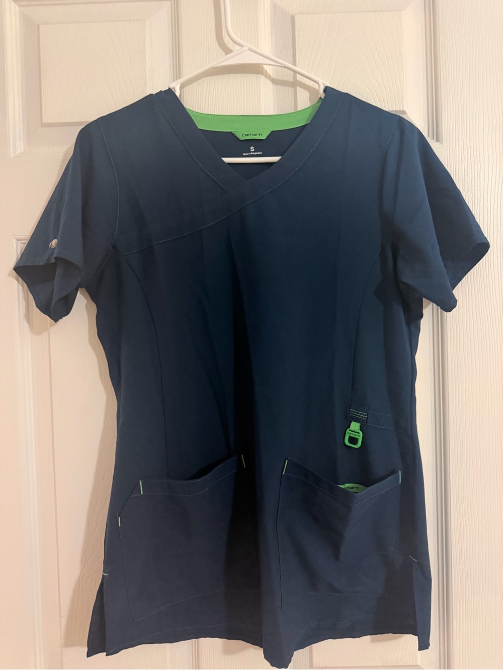 Carhartt Navy Scrub Top & bottoms with Bright Green Trim